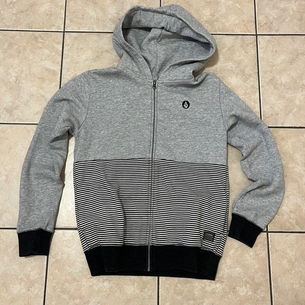 Volcom Boys Zip Hoodie Size Large 12Years Gray Striped Skate Surf Streetwear Y2K